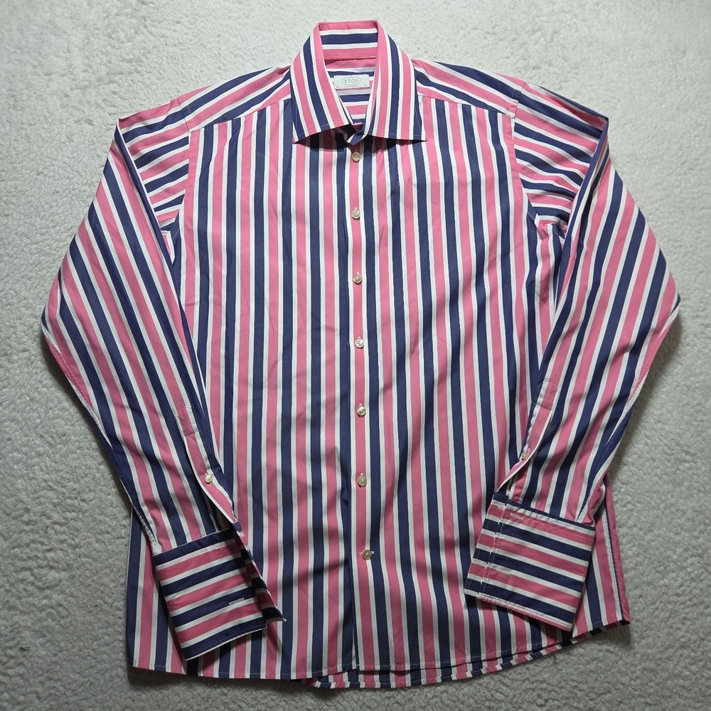 Eton Dress Shirt Mens 44 17.5 Pink Blue White Contemporary Striped Formal